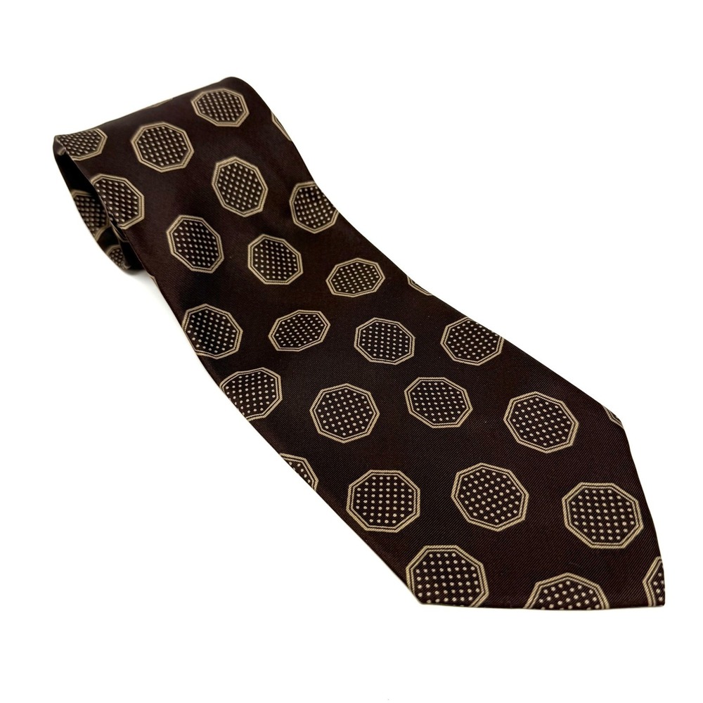 Abercrombie & Fitch Brown 100% Italian Silk Octagon Pattern Tie Vintage Retro